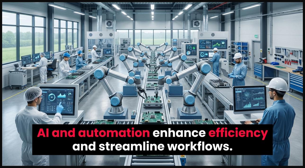 Robotic arms working efficiently in a factory, supervised by human engineers, symbolizing AI and automation for enhanced efficiency.