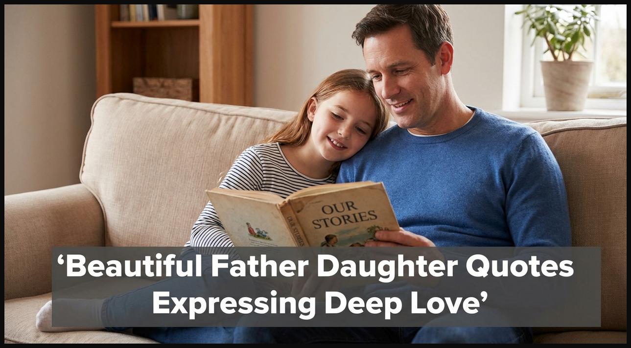 Father and daughter reading heartfelt quotes from a book, sharing a loving moment.