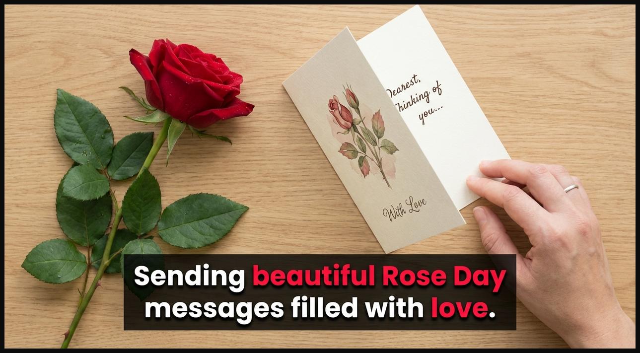 An elegant Rose Day greeting card next to a fresh rose, representing beautiful and heartfelt messages.