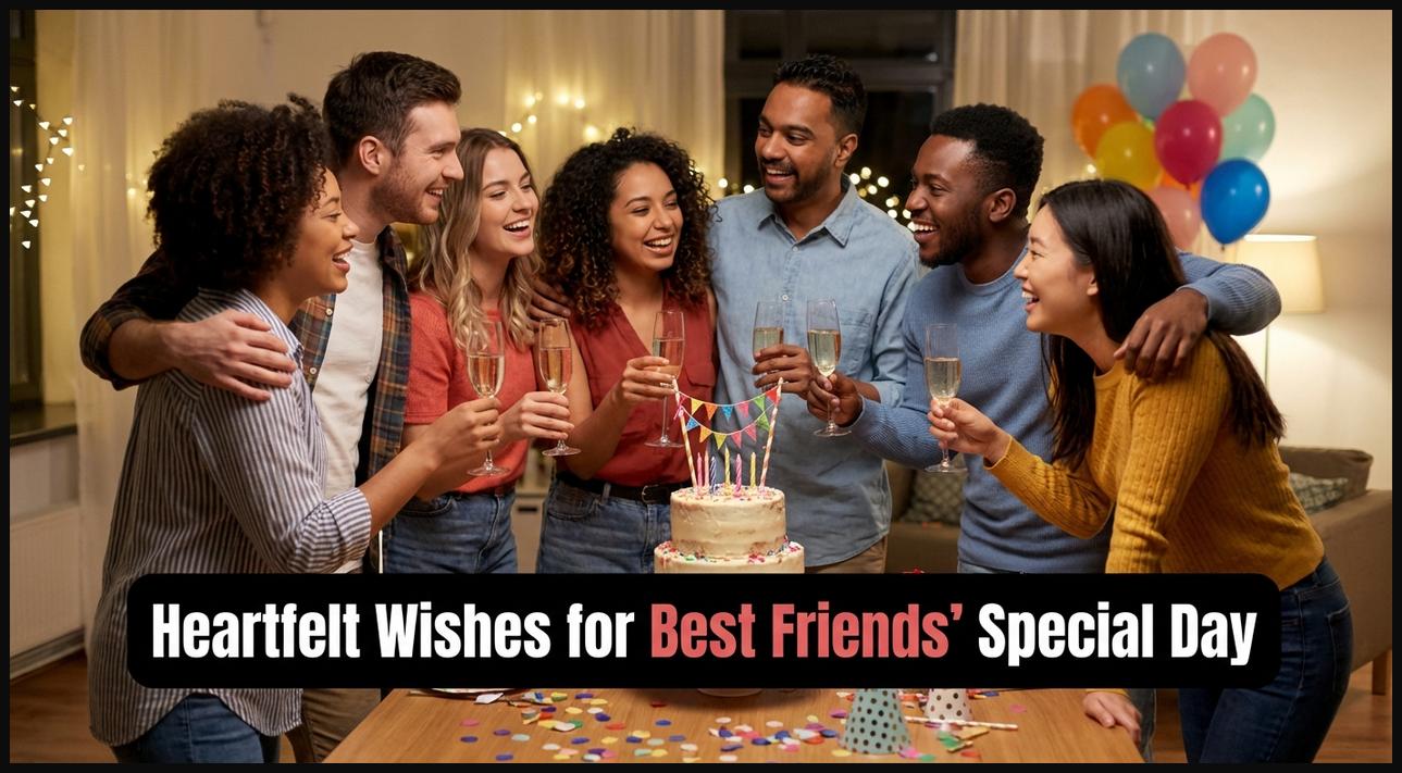 A diverse group of friends smiling and celebrating a birthday party with cake and balloons, symbolizing best birthday wishes.