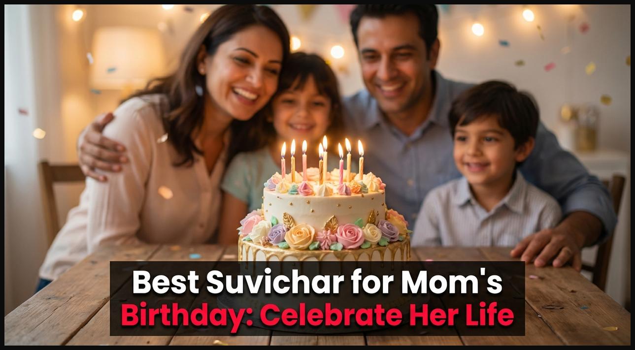 A decorated birthday cake with a family celebrating in the background.