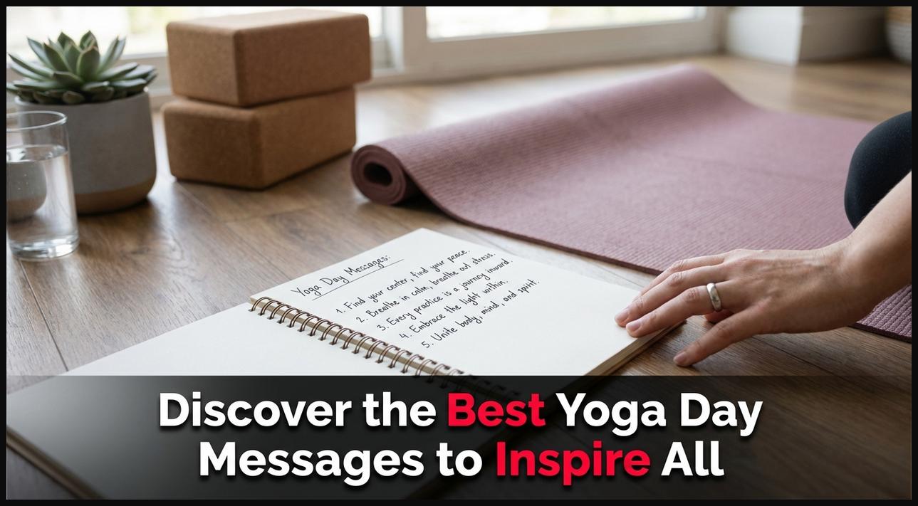 Hand next to a notebook displaying top International Yoga Day messages and quotes.