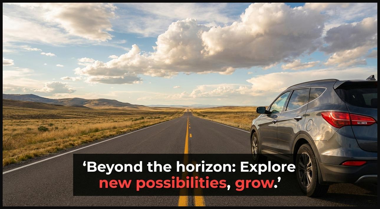 A car driving on a long, straight road towards a vast horizon, symbolizing exploration of new possibilities and future growth.