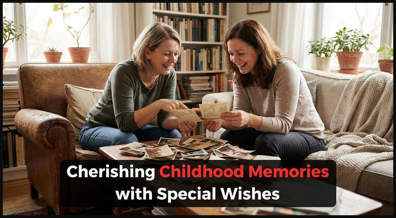 Two adult friends looking at old childhood photos and smiling, symbolizing birthday wishes for a childhood friend and shared memories.