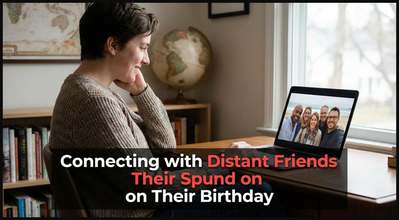 A person looking at a photo of friends on a digital device, with a blurred world map in the background, symbolizing birthday wishes for a distant friend.
