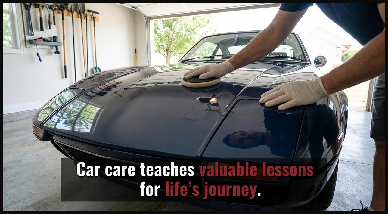 Hands polishing a car's hood, subtly reflecting a contemplative person, illustrating car care and life lessons.