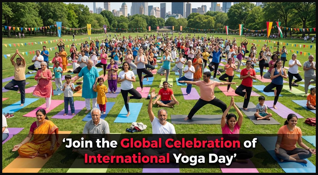 Diverse group celebrating International Yoga Day together in a large park.