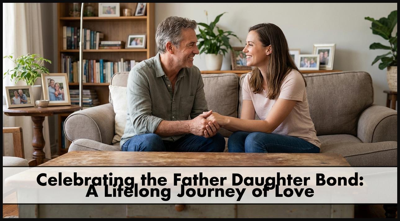Father and adult daughter sharing a tender moment, symbolizing their lifelong loving bond.