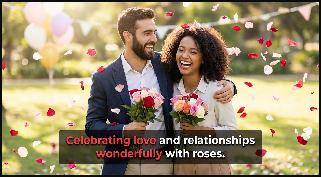 A joyful couple laughing and exchanging roses, celebrating their love in a festive atmosphere.