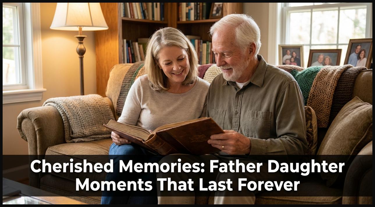 Adult daughter and elderly father looking at an old photo album, reminiscing cherished memories.