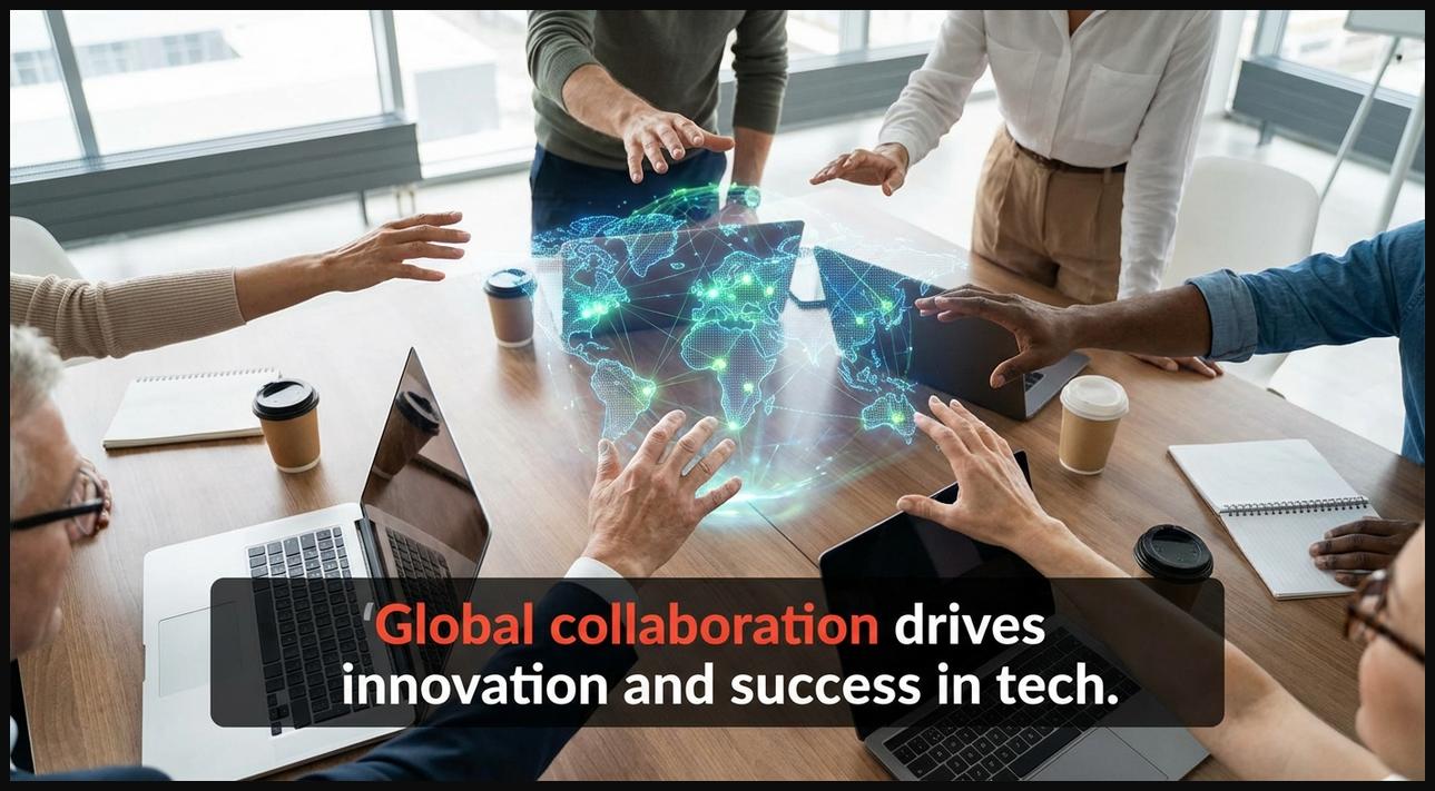 Diverse hands reaching towards a central holographic globe, symbolizing global collaboration and teamwork in technology.