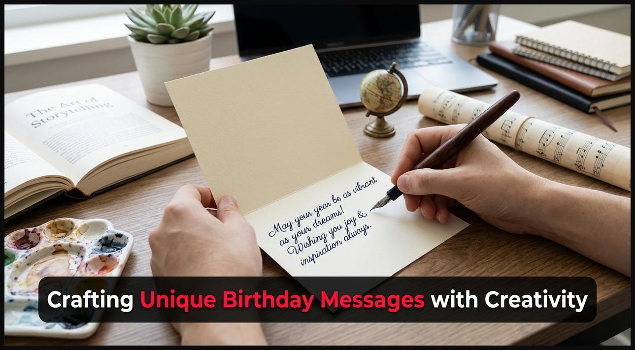 A person's hands holding a pen over a birthday card, surrounded by artistic and hobby-related items, symbolizing creative birthday wishes.