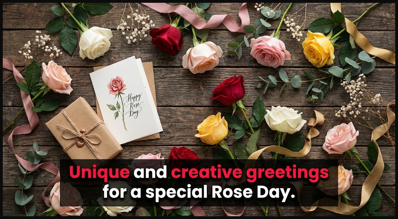 An artistic arrangement of colorful roses and unique decorative elements, representing creative Rose Day greetings.