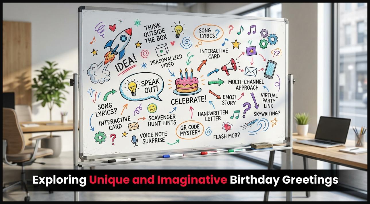 A whiteboard filled with doodles and symbols related to celebration and creativity, illustrating various ways to say happy birthday.