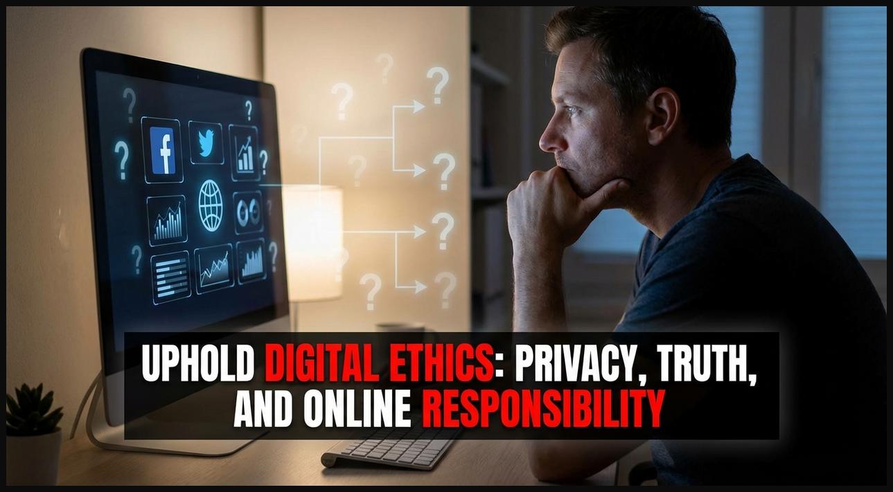 A person contemplating online interactions, with icons representing privacy, truth, and respect, highlighting digital ethics.