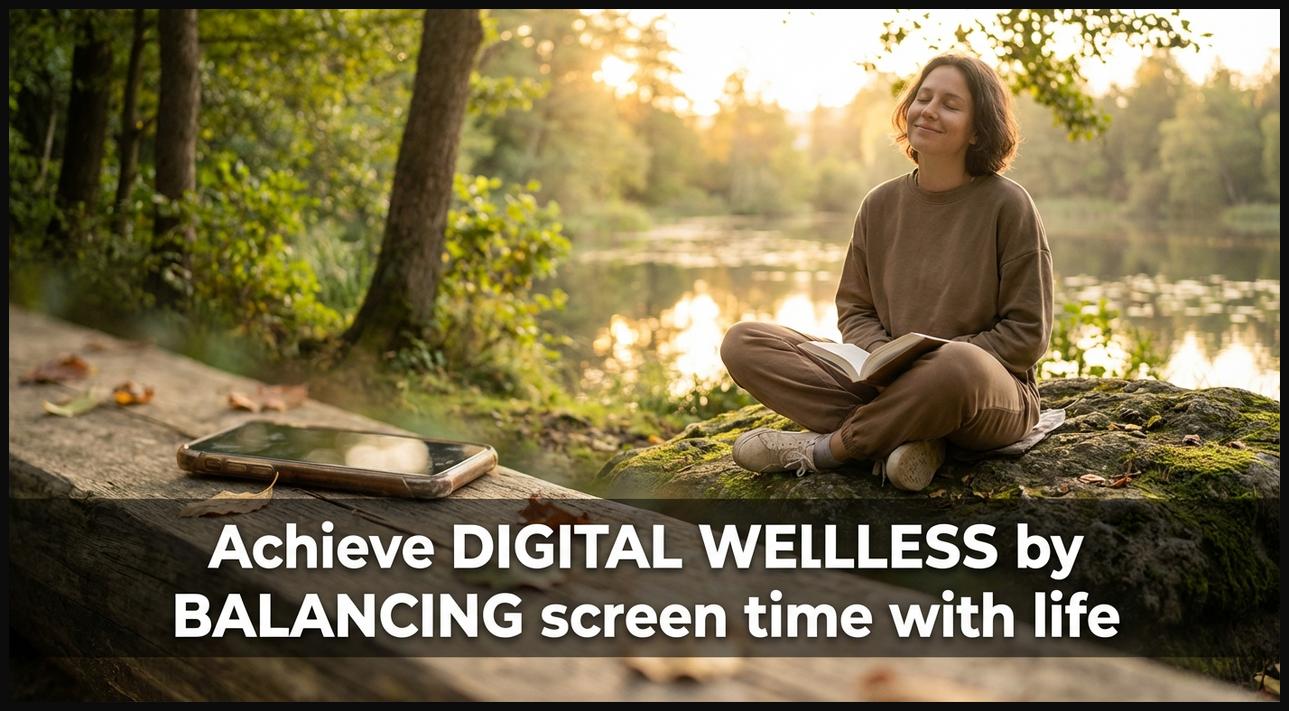 A serene person practicing yoga outdoors, with a blurred smartphone in the background, illustrating digital detox and life balance.