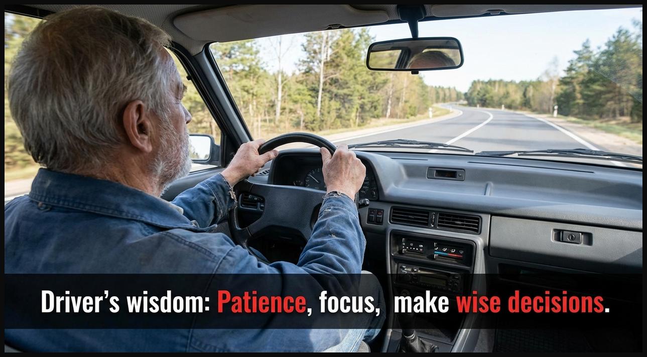 An experienced, calm driver with focused eyes and hands on the wheel, embodying wisdom and careful decision-making on the road.