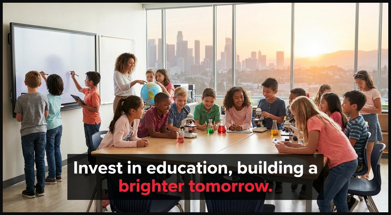 A group of diverse children learning in a bright classroom with a city skyline in the background, signifying education for a better future.