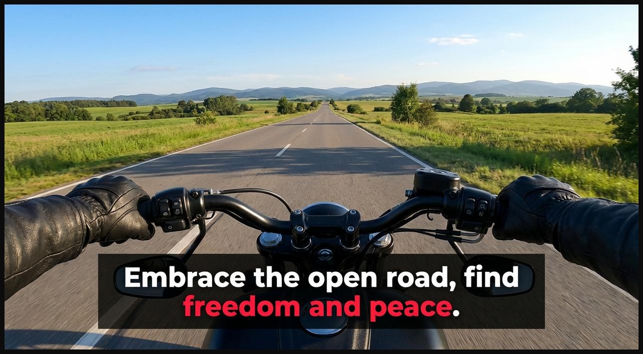 Point of view from a motorcyclist, hands on handlebars, looking down a long, clear open road, symbolizing embracing the journey.