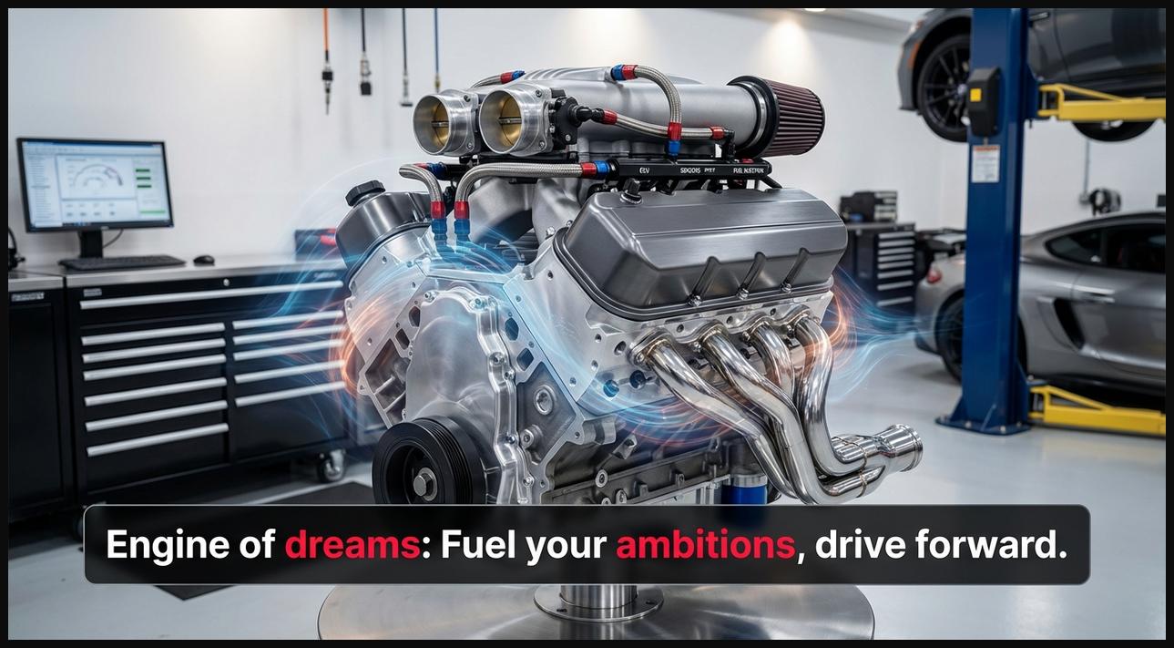 A powerful, meticulously clean car engine, symbolizing the force that fuels ambitions and propels dreams forward.