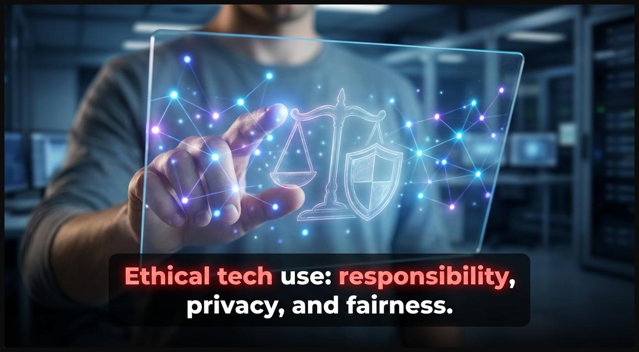 A hand interacting with a transparent screen displaying ethical guidelines, symbolizing responsible technology use.