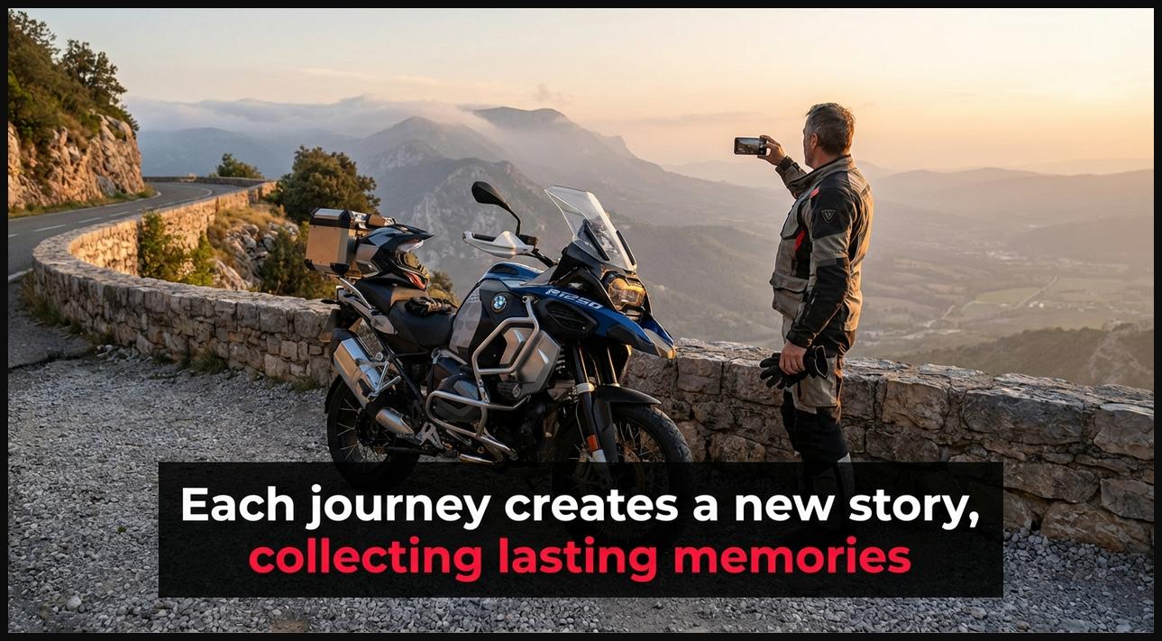 A motorcyclist at a scenic overlook, capturing photos, embodying the idea that every journey creates new stories and memories.