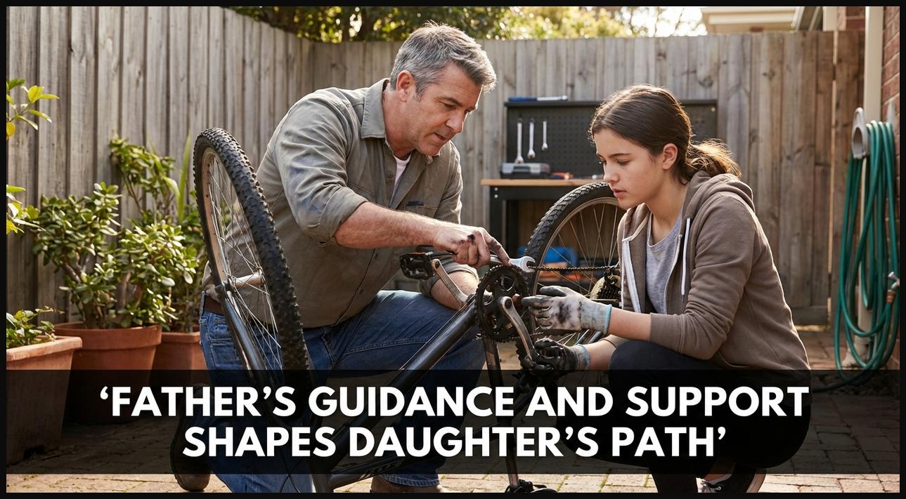Father teaching his teenage daughter how to fix a bicycle, representing guidance and support.