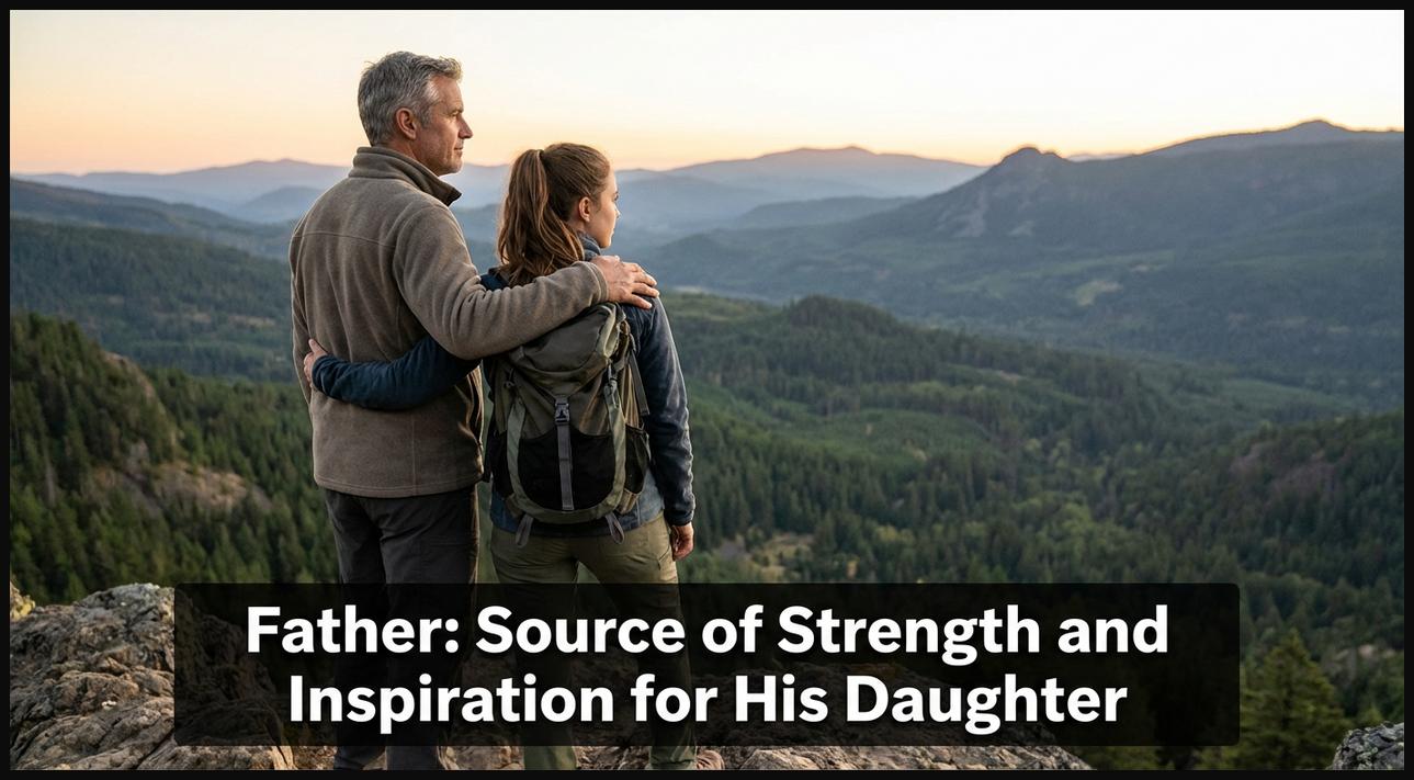 Father and adult daughter standing on a mountain peak, symbolizing strength and mutual inspiration.