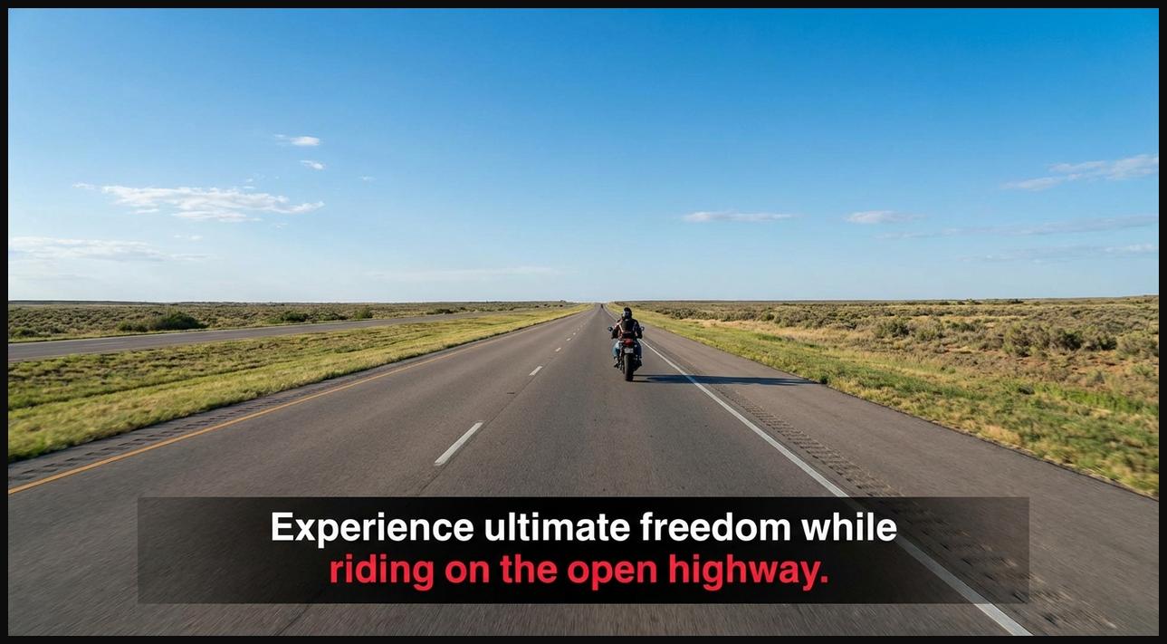 A motorcycle riding on a long, clear highway stretching into the horizon, symbolizing ultimate freedom.