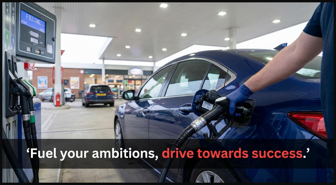 A hand refueling a car at a gas station, metaphorically representing the act of fueling one's ambitions and goals.