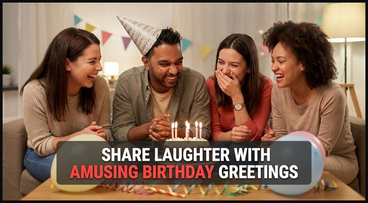 A group of friends laughing loudly and enjoying a moment of shared humor, representing funny birthday wishes.