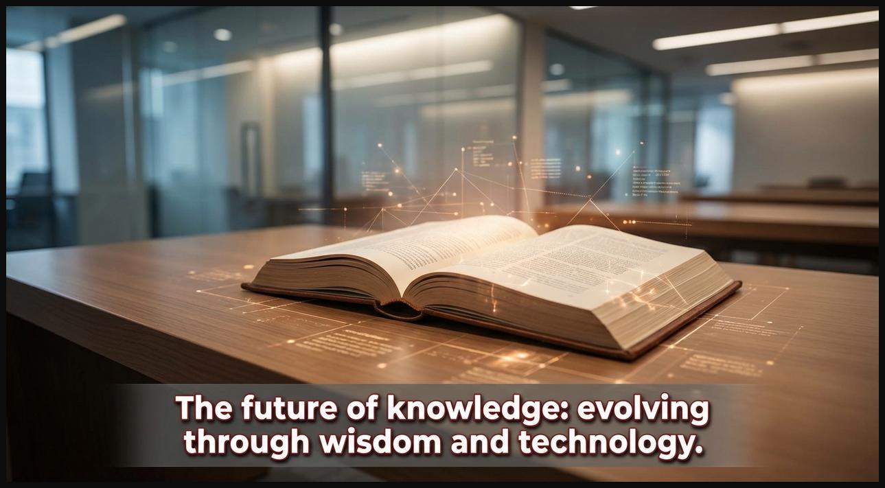 An open book on a modern desk with subtle digital overlays, representing the evolving future of knowledge and wisdom.