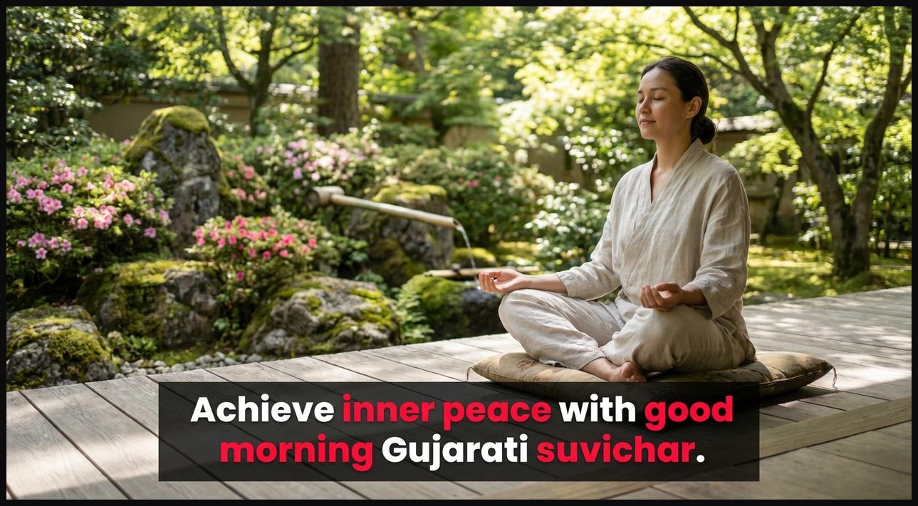 A person meditating calmly in a serene environment, seeking inner peace with good morning suvichar.
