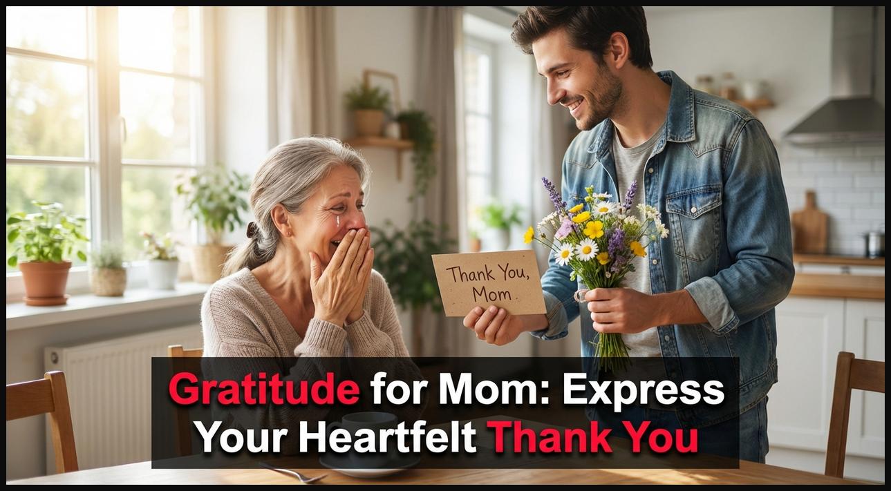 A child presenting a 'Thank You' card and flowers to their mother, expressing gratitude.