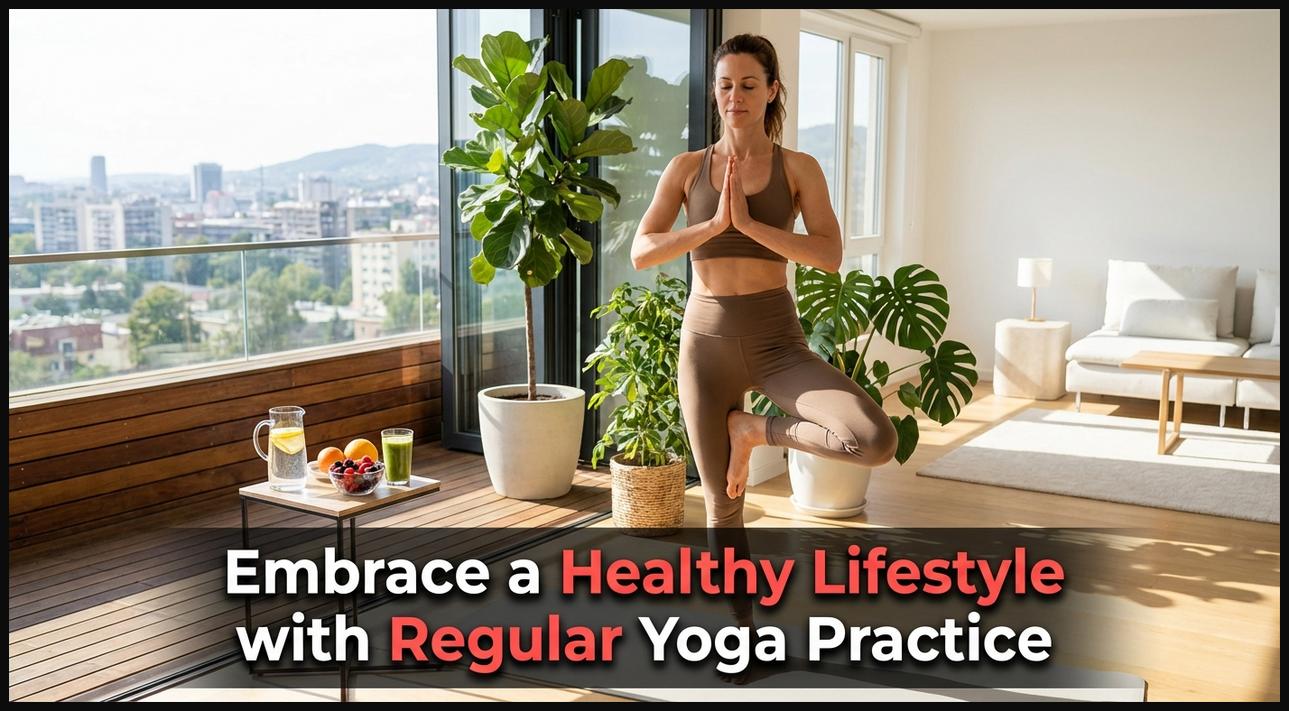 Person practicing yoga at home, surrounded by elements of a healthy and active lifestyle.