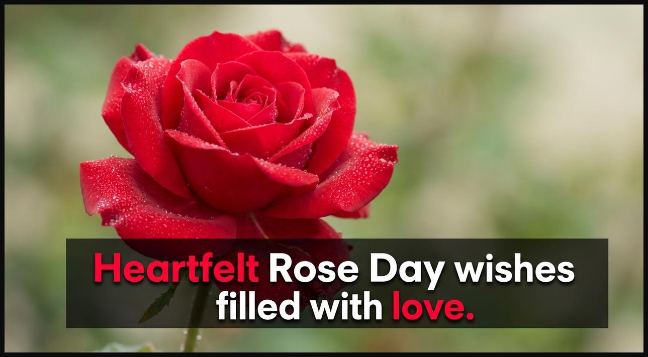 A vibrant red rose with delicate dew drops, representing heartfelt Rose Day wishes and deep emotions.