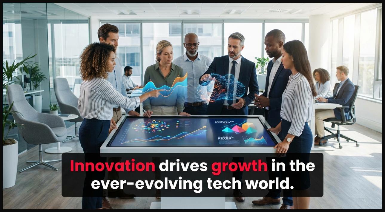 A diverse group of innovators collaborating around a digital display, symbolizing technological growth and new ideas.