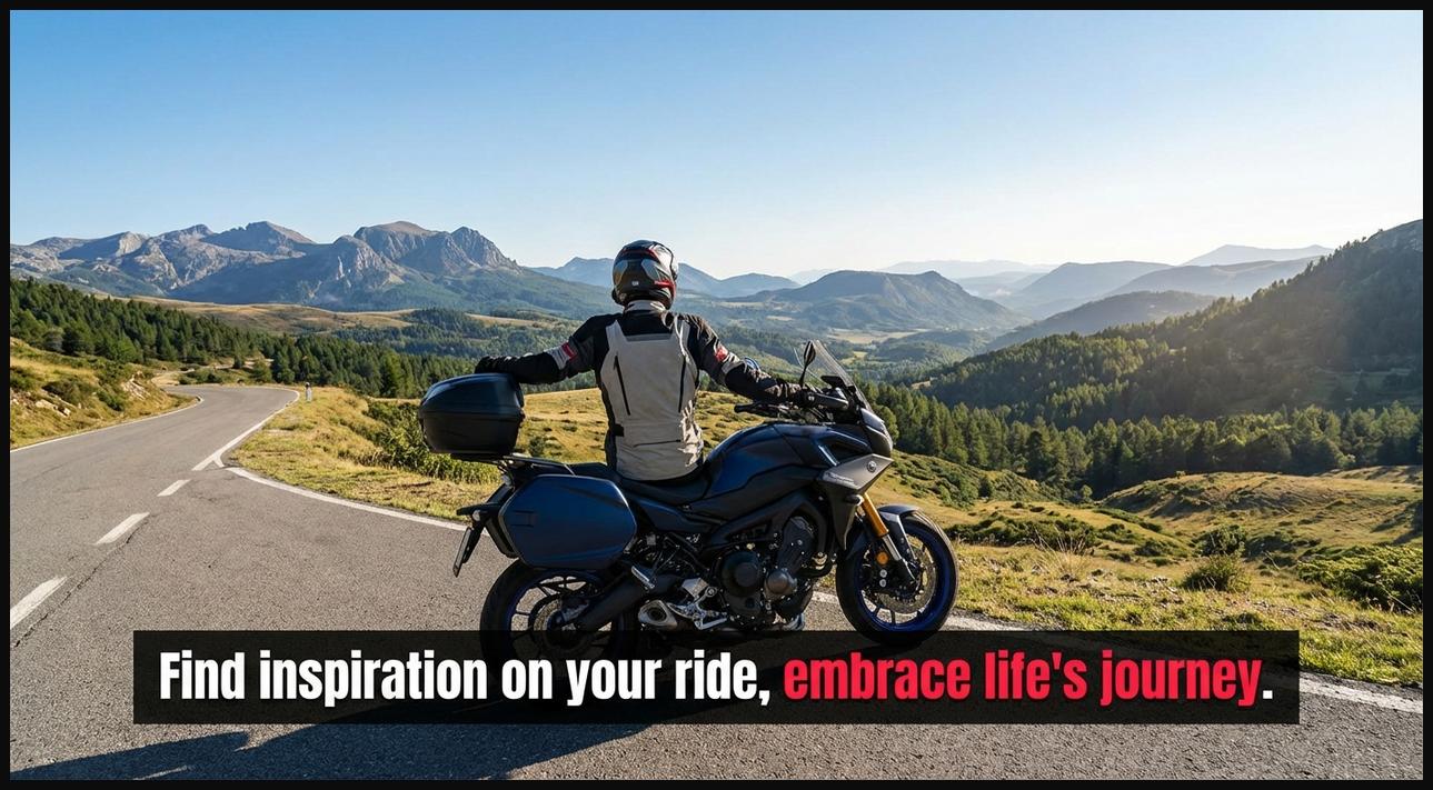 A motorcyclist on a scenic mountain road, contemplating the journey and finding inspiration in the ride.
