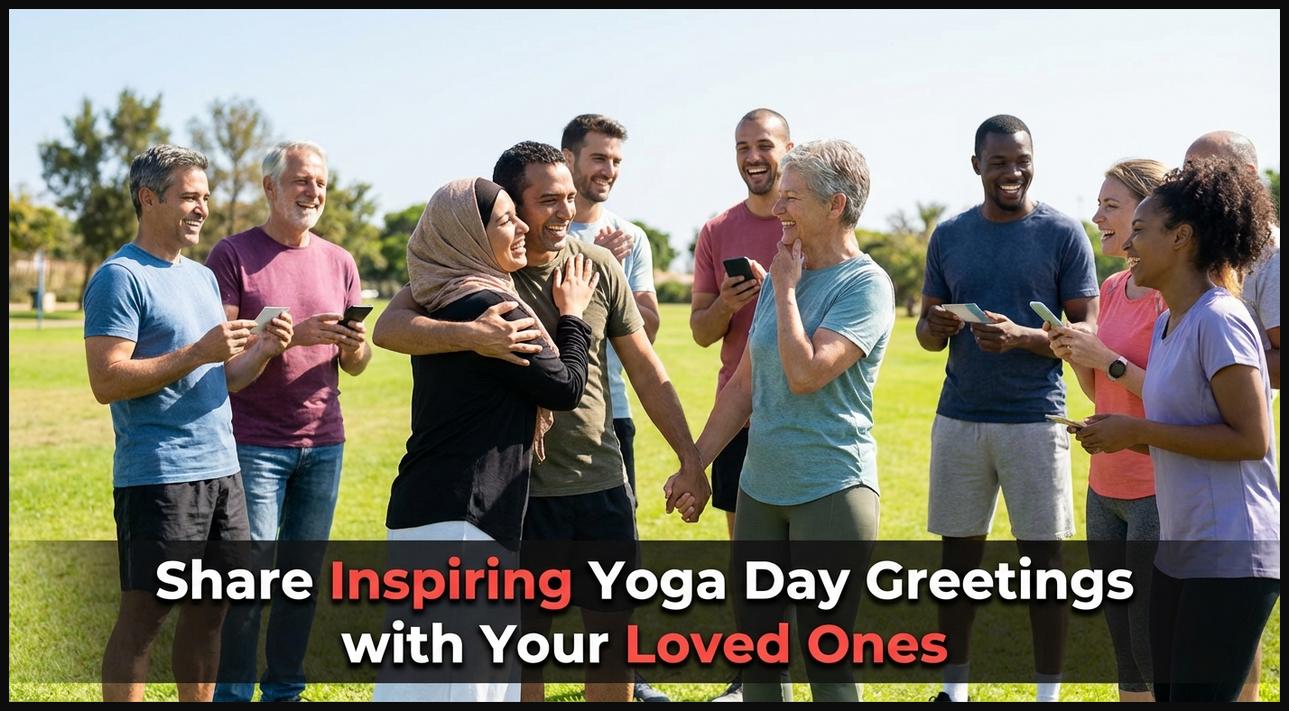 Diverse group smiling and exchanging greetings on International Yoga Day in a park setting.