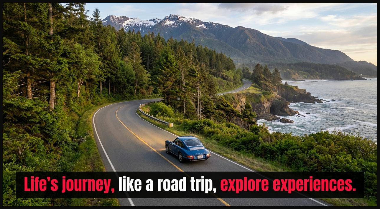 A classic car driving on a winding road through a picturesque landscape, representing life's journey and diverse experiences.