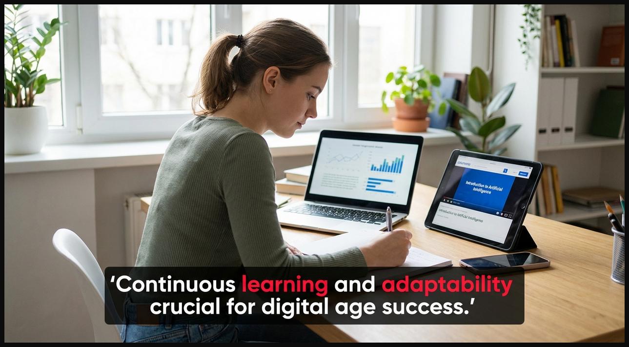 A person studying on a tablet surrounded by various digital learning tools, representing continuous learning in the digital era.