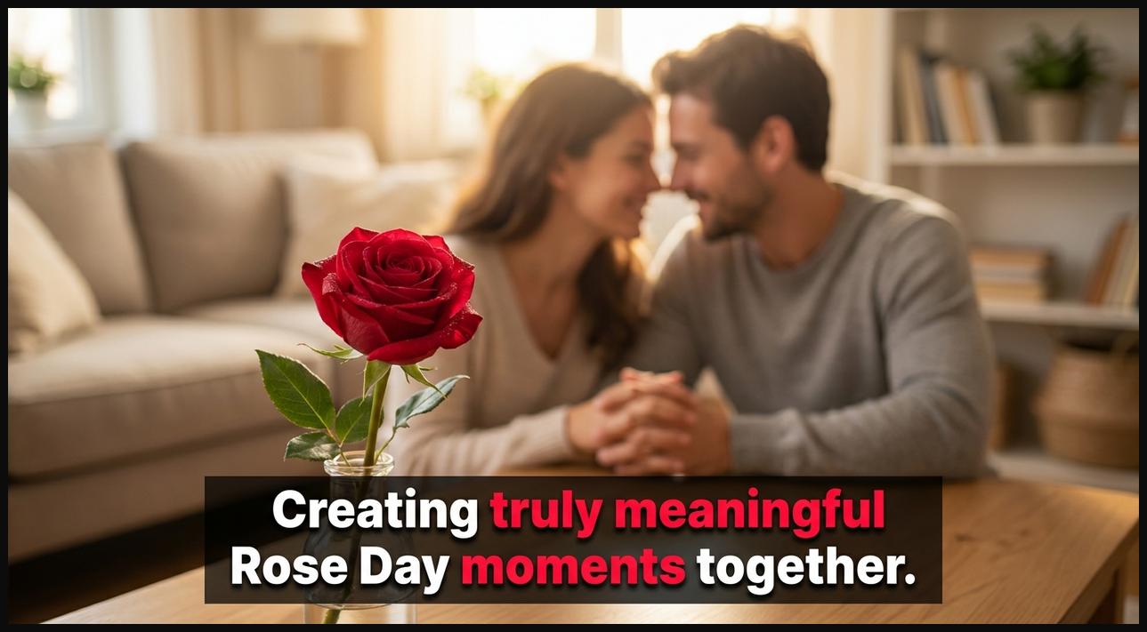 A close-up of a rose in the foreground, with a couple sharing a tender moment, symbolizing meaningful Rose Day memories.
