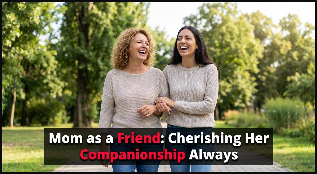 An adult daughter and her mother laughing together in a park, illustrating their friendship.