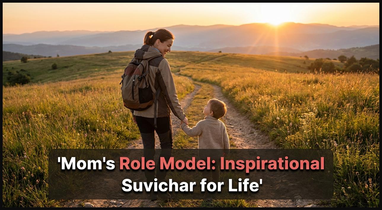 A mother guiding her child up a path, symbolizing her role as an inspirational model.