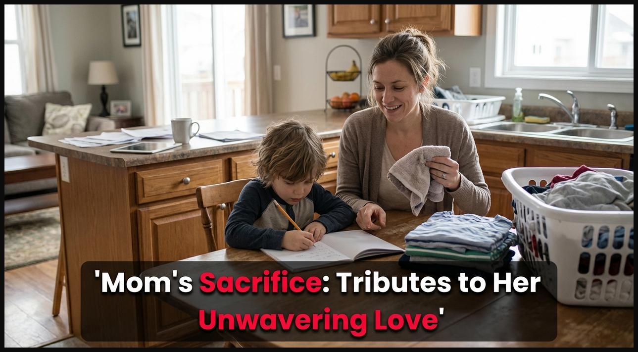 A mother multitasking, folding laundry and helping a child, symbolizing her daily sacrifices.