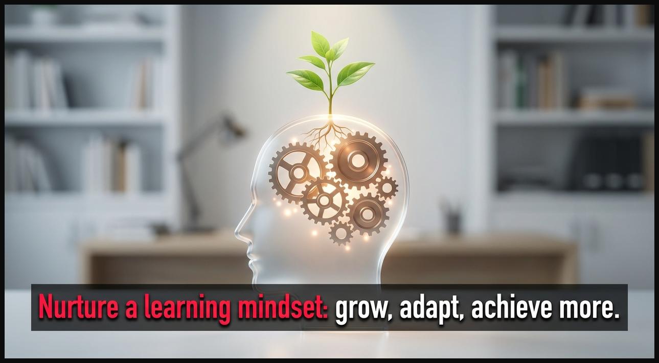 A stylized brain with gears and a sprouting plant, symbolizing an active and nurturing learning mindset for continuous growth.
