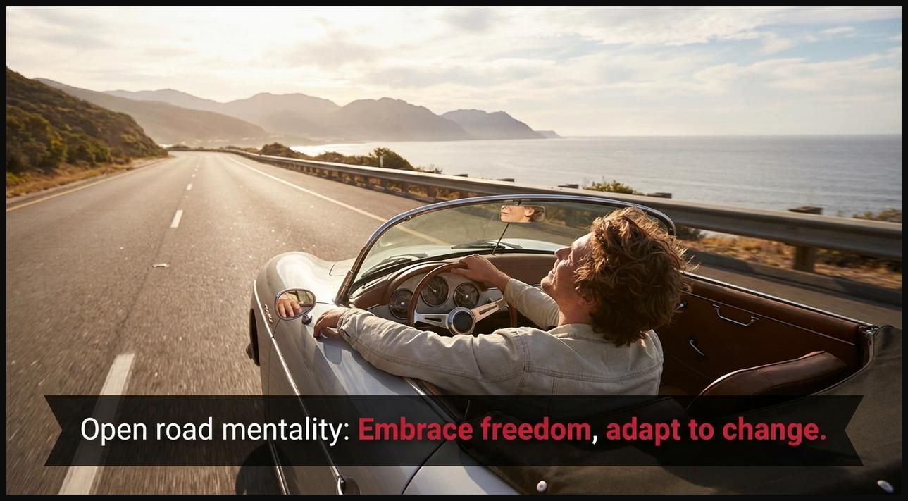 A person driving a convertible on an open, scenic road, embodying freedom, adventure, and an adaptable mindset.