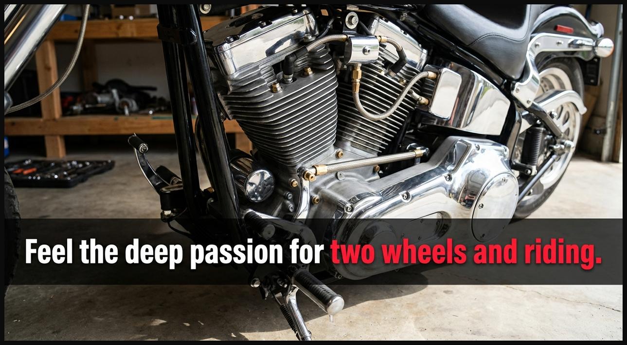 Close-up of a classic motorcycle's engine and chrome, emphasizing the deep passion for two wheels.