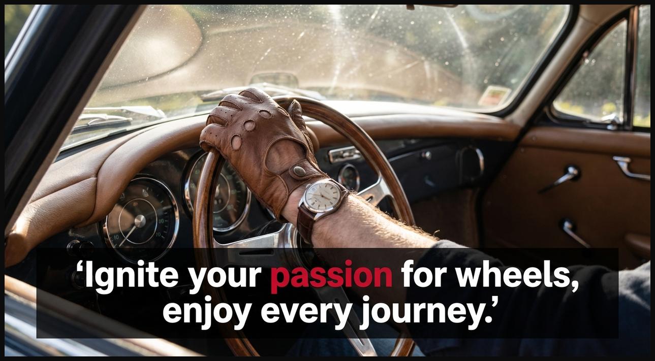 A person's hand gently resting on the steering wheel of a classic car, conveying deep passion and enjoyment for driving.