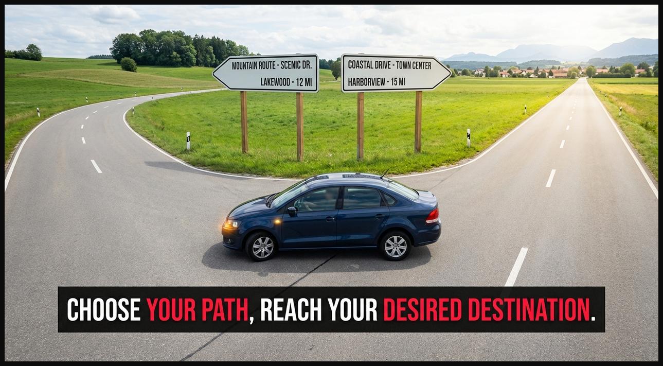 A car paused at a fork in the road with signposts, symbolizing choices, paths, and reaching destinations in life.